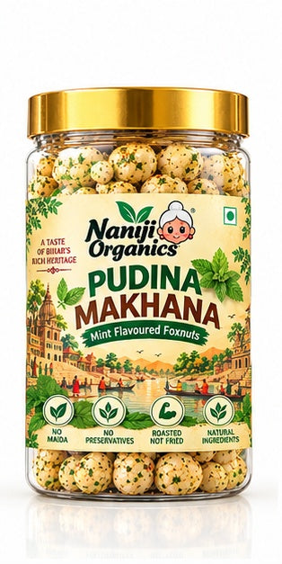 Naniji Organics Pudina Makhana | Mint Flavoured Foxnuts | Roasted Makhana Snack | Crunchy & Tasty Fox Nuts | Vegetarian Snack