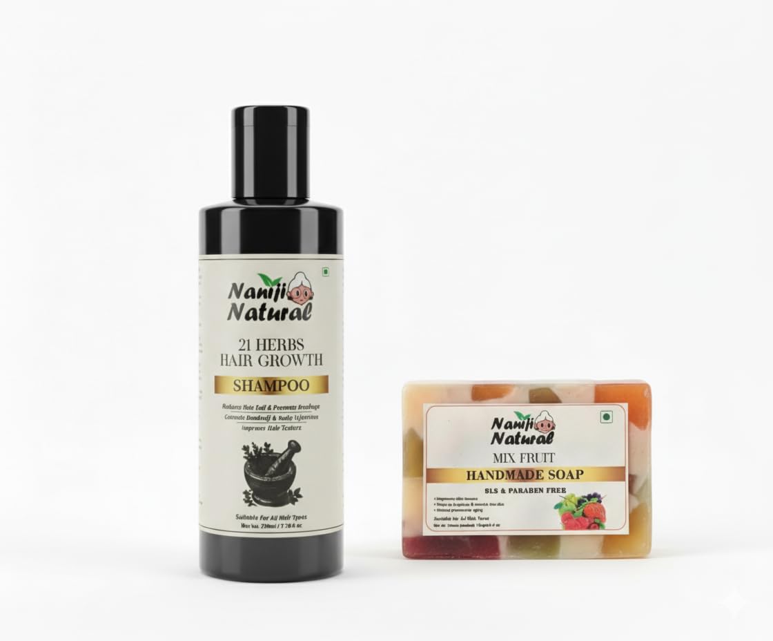Nani Ji Natural 21 Herbs Hair Shampoo (210ml) & Handmade Herbal Mix Fruit Soap | Natural Hair & Skin Care Combo | Nourishing, Cleansing