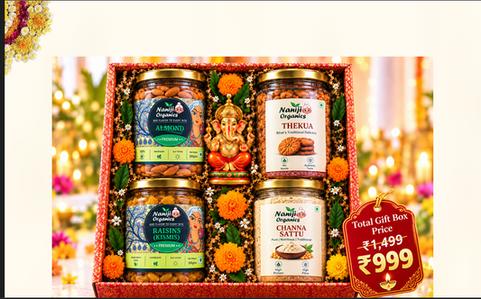 Premium Dry Fruit & Traditional Food Gift Hamper with Ganesh Ji Idol – Almonds, Raisins, Thekua & Channa Sattu