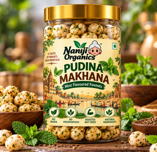 Naniji Organics Pudina Makhana | Mint Flavoured Foxnuts | Roasted Makhana Snack | Crunchy & Tasty Fox Nuts | Vegetarian Snack