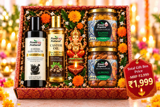 Nani Ji Diwali Gift Hamper | Premium Self-Care & Dry Fruits Gift Box | 21 Herbs Hair Growth Shampoo, Castor Oil, Almonds & Raisins | Festive Gift for Family & Loved Ones