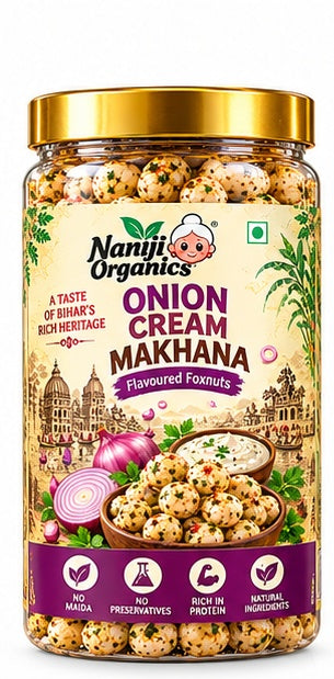 Naniji Organics Cream Onion Makhana | Roasted Makhana Snack | Onion Cream Makhana – Flavoured Foxnuts | Roasted Indian Snack